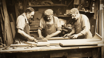 Wall Mural - Vintage sepia image of workers in an old woodshop