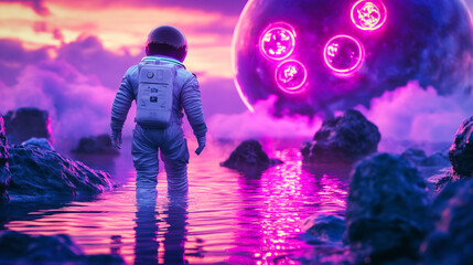 Wall Mural - An astronaut walking in the water of an alien planet