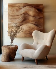 Beige lounge chair and rustic wooden decor panel on wall. Interior design of modern living room. Created with