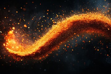 Poster - A vivid depiction of orange particles swirling in a dynamic, cosmic pattern against a dark backdrop, evoking movement and energy in the viewer's imagination.