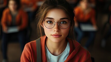 A thoughtful young Caucasian female student wearing glasses, gazing intently in a classroom setting filled with peers.