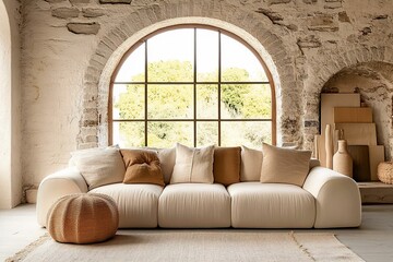 Beige sofa against of arched window. Rustic interior design of modern living room with stone cladding walls. Created with