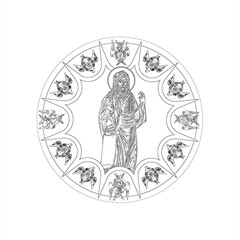 Jeremiah weeping prophet sky round dome with 4 apostles and seraphim. Coloring page in Byzantine style