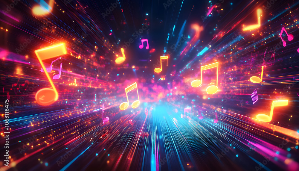 Abstract digital music background with glowing neon musical notes and ...