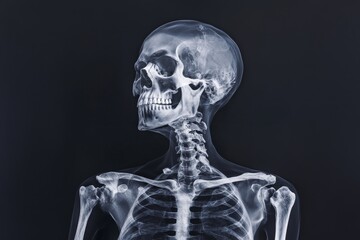 Aufkleber - A detailed X-ray image showing the human skull and vertebrae, illustrating a precise medical view that highlights the skeletal structure's complexity in monochrome detail.