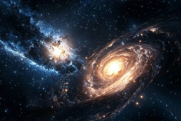 Poster - A magnificent depiction of a galactic collision, revealing the beauty and chaos of galaxies merging in the vast cosmos with brilliant colors and swirling formations.