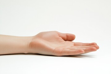 Poster - A serene image of an outstretched hand placed on a blank background, illuminated by soft lighting, showcasing the gentle curvature and natural skin tones.
