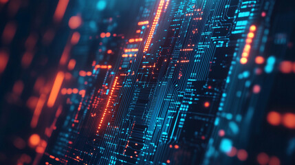 background with lots spots, Exclamation mark icon with glowing binary code on blue background