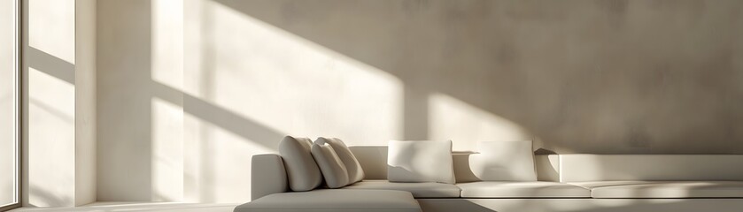 Wall Mural - White Sectional Sofa in a Minimalist Interior with Sunlight Streaming Through a Window