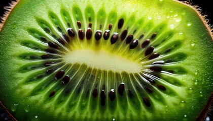 Wall Mural - High-Resolution Macro Shot of a Freshly Sliced Kiwi Fruit Revealing Vivid Green Flesh, Intricate Seed Patterns, and Radiating Juicy Texture. Ideal for Health, Nutrition, and Wellness Themes