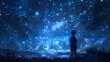 © Akash Tholiya - illustration of a boy looking at night starry sky with glitter glow galaxy flicker above, idea for prayer of hope, love, peace theme