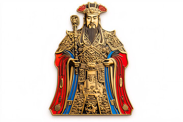 a majestic chinese emperor wearing gold and red robes with ornate blue detailing and holding a ceremonial staff

