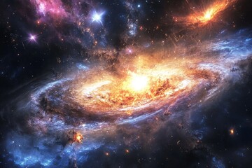 Poster - A mesmerizing artwork depicting a swirling cosmic galaxy, aglow with vibrant colors and scattered stars, capturing the wonder and beauty of the universe.