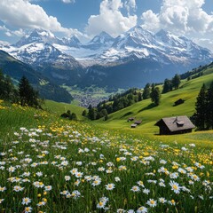 Wall Mural - Alpine meadows with snow-capped peaks