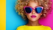 © Nataliia_Trushchenko - Young girl with curly hair and pink sunglasses is standing in front of a colorful background. The image conveys a fun and playful mood, as the girl is wearing bright and bold colors