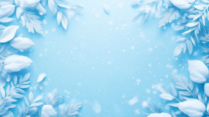 Wall Mural - Winter-themed background with blue hues and snowflakes surrounded by white leaves and branches
