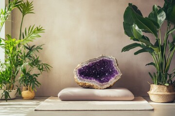 Poster - A stunning amethyst geode serves as a centerpiece on a cushion, surrounded by lush green plants, creating a tranquil and harmonious indoor setting bathed in light.