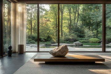Aufkleber - A minimalist interior showcasing a large rock sculpture centered on a wooden platform against a backdrop of floor-to-ceiling windows revealing lush greenery.