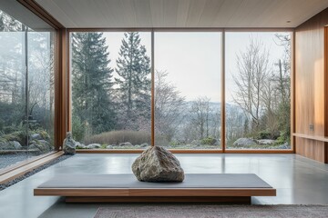 Poster - Modern interior featuring a solitary stone centerpiece on a sleek platform, bordered by expansive windows that offer a serene, wooded landscape beyond.