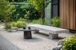 © ChaoticMind - A contemporary garden featuring a sleek stone bench surrounded by lush plants, creating an inviting atmosphere that blends nature and modern design.