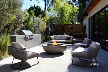 Aufkleber - A contemporary outdoor patio featuring a central fire pit surrounded by comfortable seating, perfect for relaxation and entertaining guests.