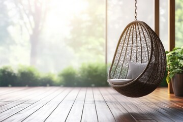 Aufkleber - A cozy rattan swing chair is perched on a wooden patio with a glass-front view, enriched by lush greenery and soft light filtering through, creating a tranquil escape.