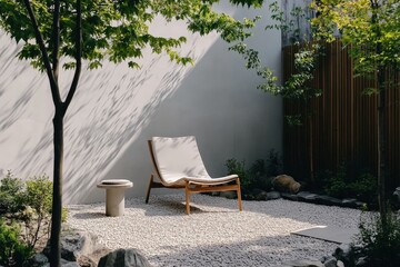 Aufkleber - A sleek and modern lounge chair sits in a quiet garden with pebbled ground and natural light filtering through leaves, creating a calm, dreamy atmosphere.
