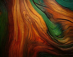 Close-up of vibrant wood grain with rich orange, brown, and green hues, showcasing organic lines and textures in an abstract design.