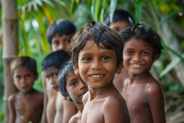 portrait of a group of children in the rainforest of sri lanka