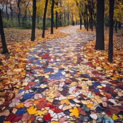 Wall Mural - Autumn park pathway covered in a colorful mosaic of fallen leaves 