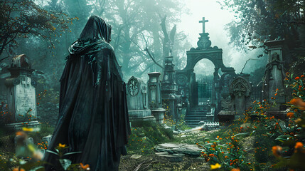 Grim reaper with haunted, creepy graveyard. Digital art