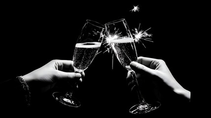 Close-up of hands clinking champagne flutes, sparklers creating light trails in dark background 