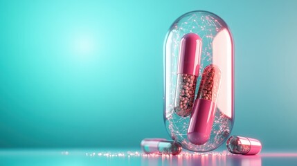 An enhanced close-up image of an array of tiny capsules encapsulated within a larger transparent one, illustrating complexity in modern medicine and futuristic aesthetics.