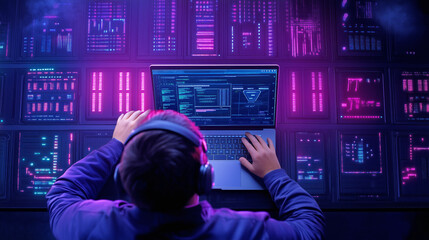 A person using a laptop in a high-tech environment with colorful digital displays at night
