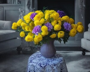 Wall Mural - Still life with bouquet of yellow chrysanthemums