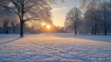 Wall Mural - A cold winter morning with ice crystals on the grass and trees, under a bright and clear sky, with the sun low on the horizon.