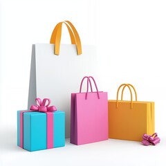 Three colorful shopping bags with a wrapped gift box in front.