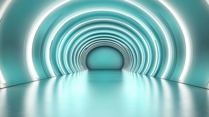 A modern tunnel featuring radiant blue neon arches creates a mesmerizing pathway that resembles a futuristic sci-fi environment, ideal for artistic exploration.