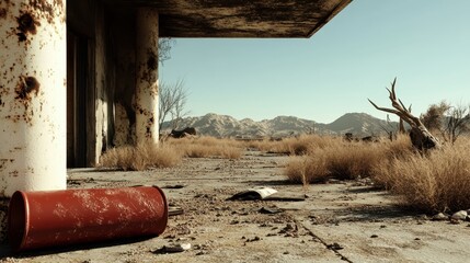 A deserted building's facade set against an arid, expansive landscape, capturing isolation and the timeless struggle between human construction and nature's dominance.