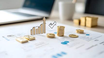 Aufkleber - Prosperous Financial Asset Management and Investment Growth Concept with Coins Gold Bars and a Chart with an Upward Arrow Displayed on a Professional Office Desk