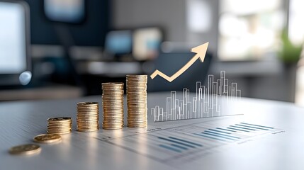 Fototapete - Visualizing the growth and success of wealth and finances in a professional corporate office setting with gold bars coins and a chart showing an upward trending arrow