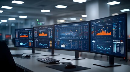 Aufkleber - Multiple computer screens displaying bar graphs line charts and other financial data visualizations representing the analysis of business growth and performance trends