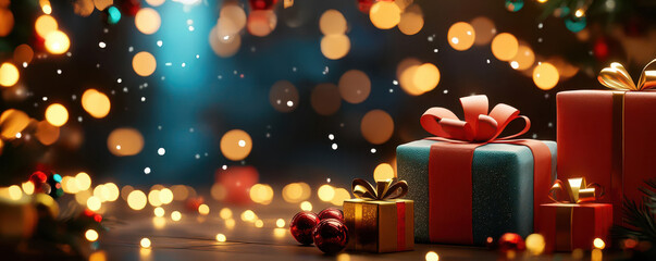 Wall Mural - christmas presents with golden bows and lights