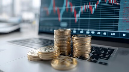 Fototapete - Stacked gold coins against a blue market chart in the background symbolizing financial growth investment opportunities and a prosperous economic outlook