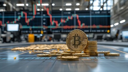 Fototapete - Stacked gold coins with a blue market chart in the background symbolizing wealth financial investment and the concept of economic growth and prosperity