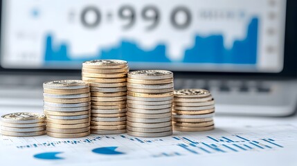 Fototapete - Stacked gold coins with a blue market chart in the background symbolizing financial growth investment and wealth accumulation  The image represents the concept of successful trading