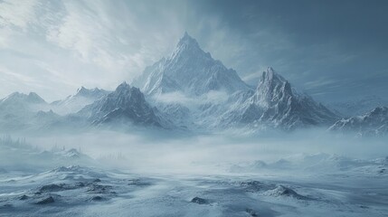 A winter mountain with tall snow-capped peaks towering over an icy valley, with a thin layer of fog in the distant sky.