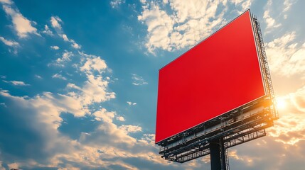 A large billboard with a blank red surface is set against a blue sky with white clouds.