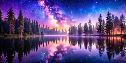 Forest Reflection in a Starry Night, Milky Way, Night Sky, Lake, Trees, Reflection, Stars