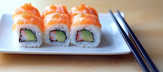 Fresh Salmon Sushi Rolls with Rice and Seaweed on a White Plate, Accompanied by Chopsticks – A Simple, Elegant Presentation of Japanese Cuisine Emphasizing Fresh Seafood Flavors